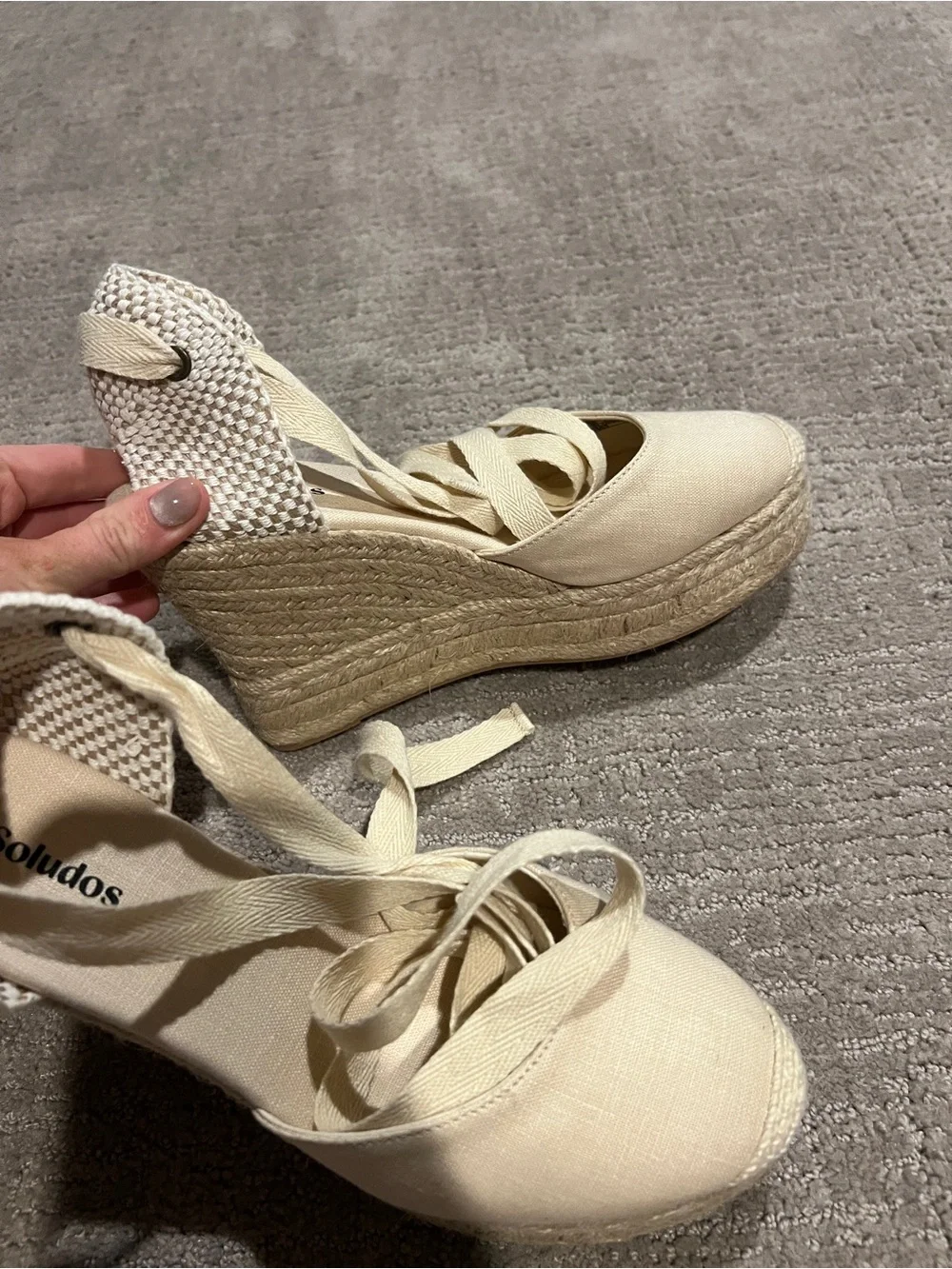 Soludos Cream Canvas Espadrille Wrap Wedge Sandals